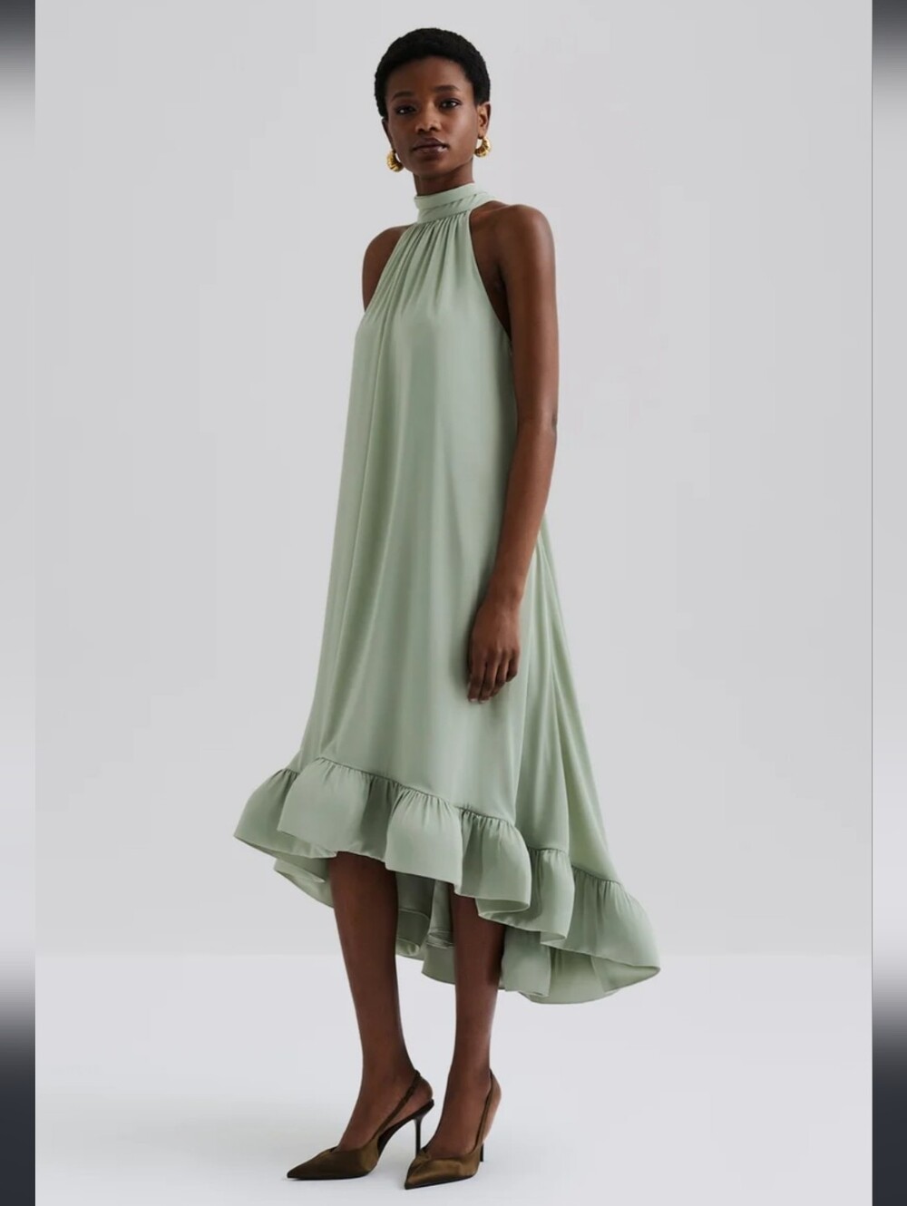Malina Sabrina Midi Bubble Hem Ruffle Sage Green Halterneck Dress Size Medium